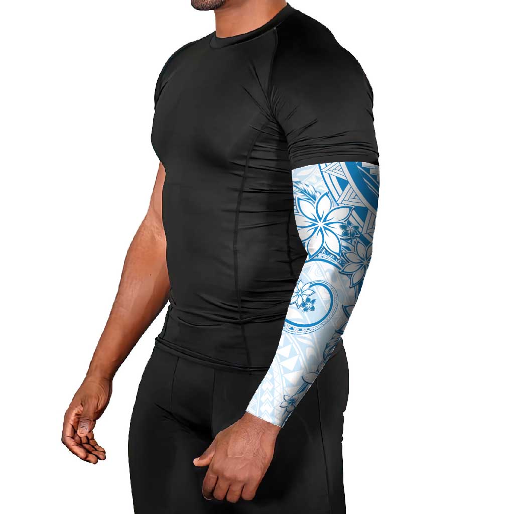 Polynesian Pattern With Plumeria Flowers Arm Sleeves Blue - Polynesian Pride