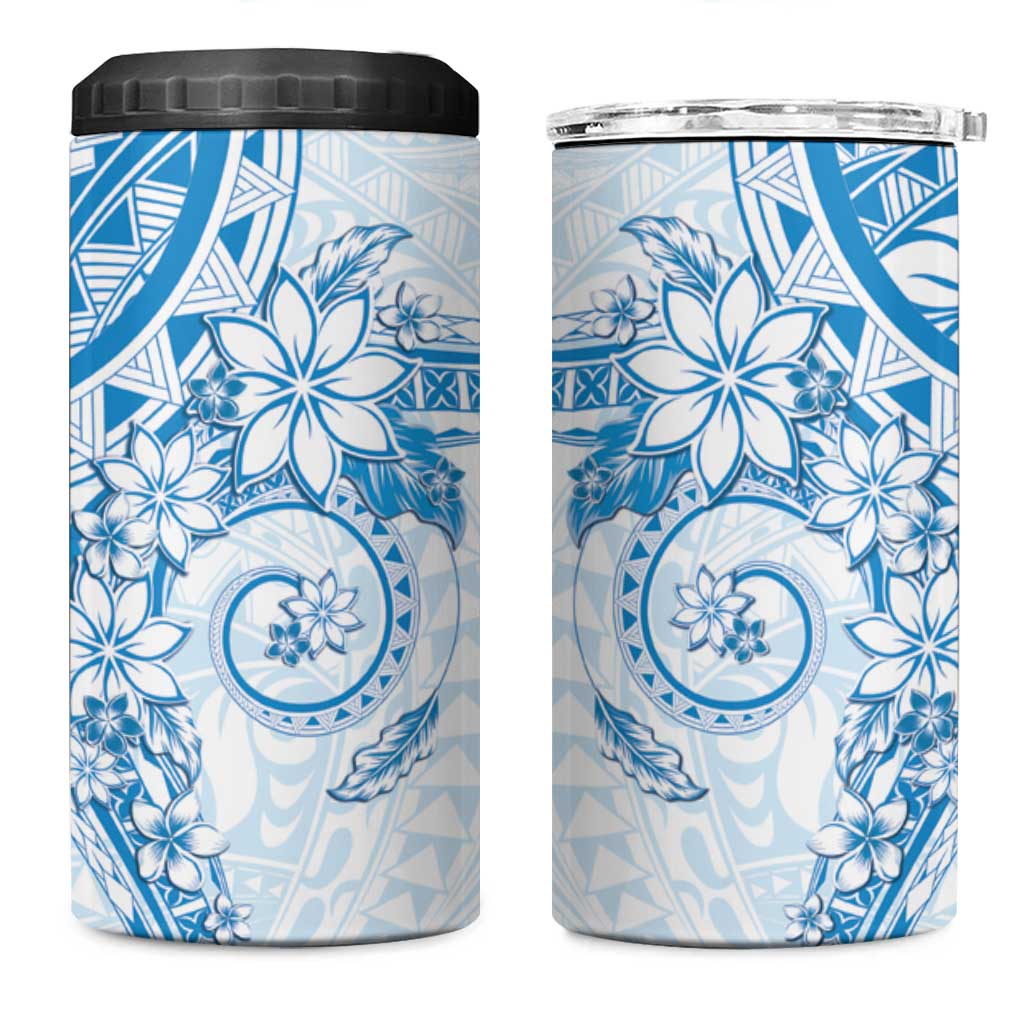 Blue Polynesian Pattern With Plumeria Flowers 4 in 1 Can Cooler Tumbler