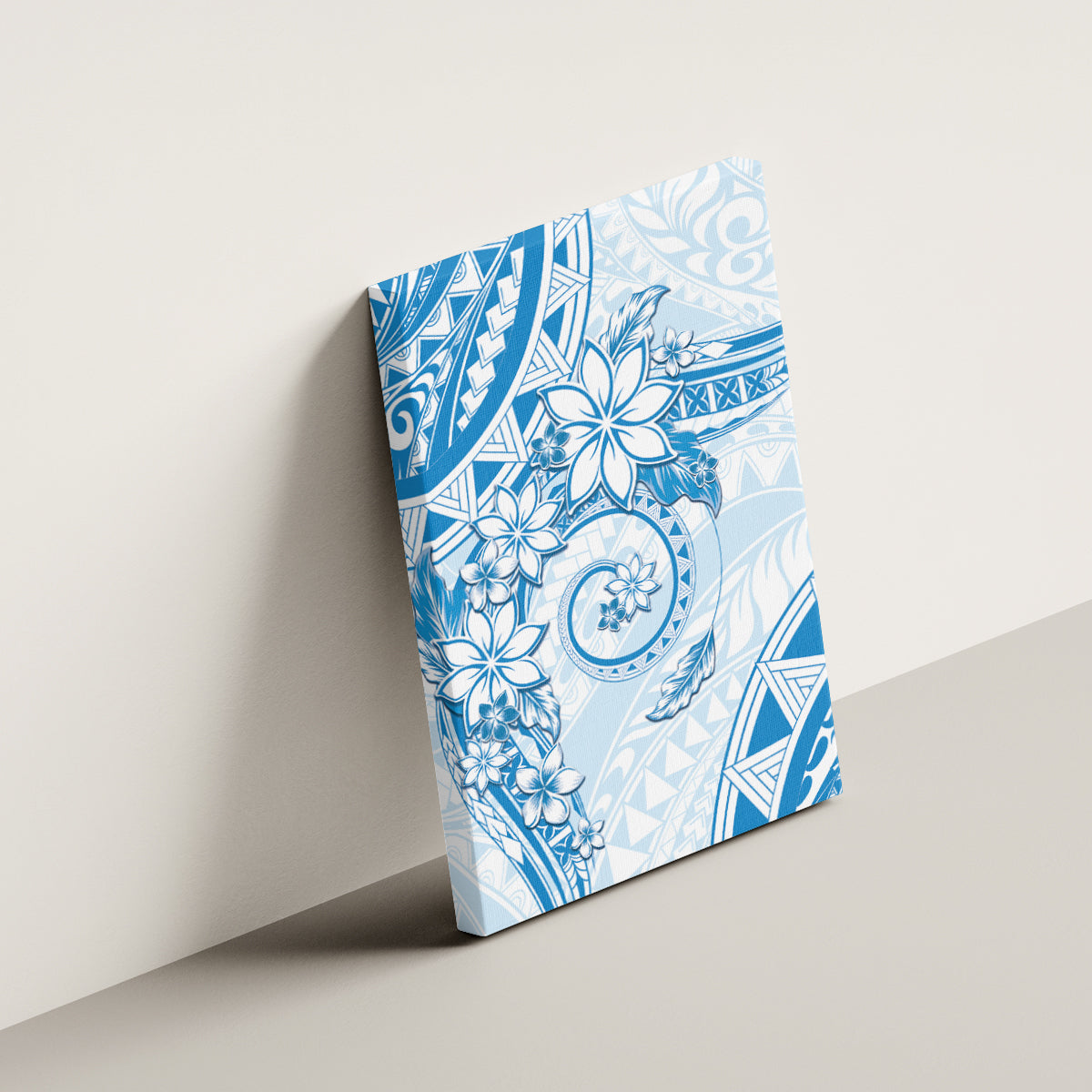 Polynesian Pattern With Plumeria Flowers Canvas Wall Art Blue