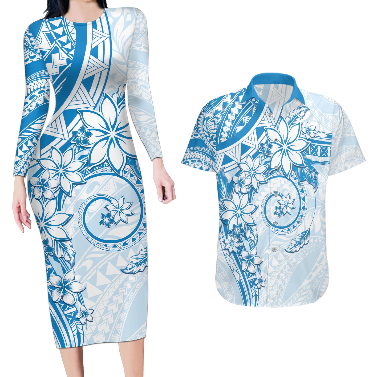 Polynesian Pattern With Plumeria Flowers Couples Matching Long Sleeve Bodycon Dress and Hawaiian Shirt Blue