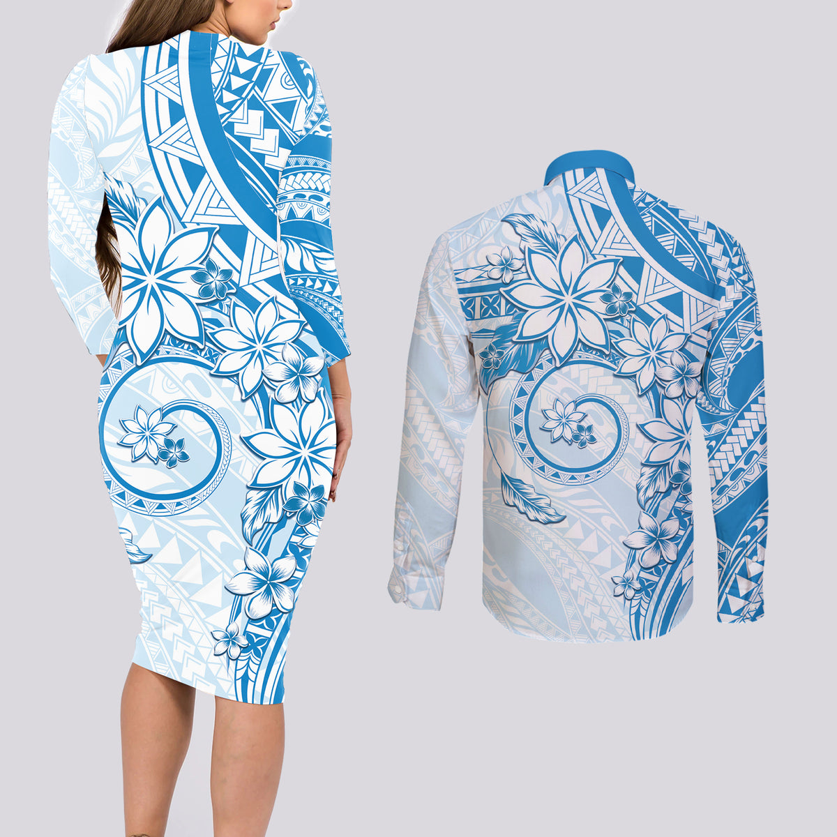 Polynesian Pattern With Plumeria Flowers Couples Matching Long Sleeve Bodycon Dress and Long Sleeve Button Shirt Blue
