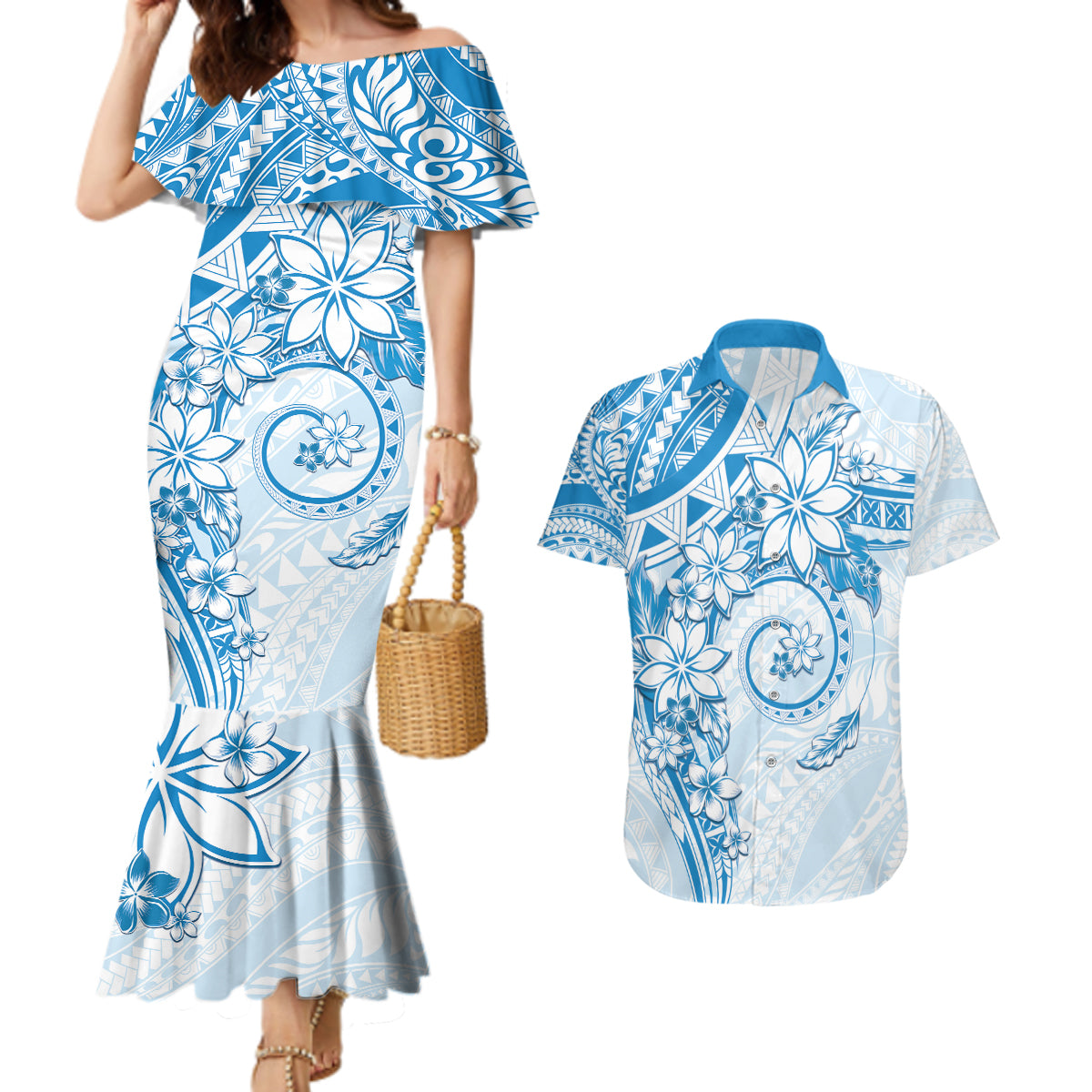 Polynesian Pattern With Plumeria Flowers Couples Matching Mermaid Dress and Hawaiian Shirt Blue