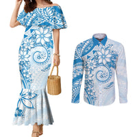 Polynesian Pattern With Plumeria Flowers Couples Matching Mermaid Dress and Long Sleeve Button Shirt Blue