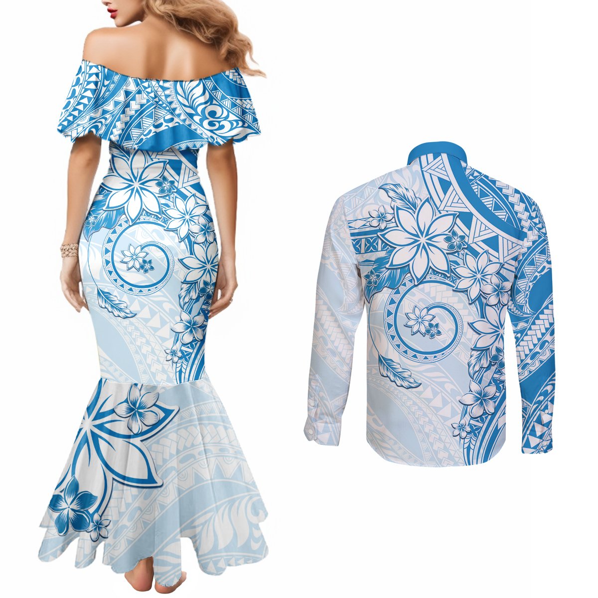 Polynesian Pattern With Plumeria Flowers Couples Matching Mermaid Dress and Long Sleeve Button Shirt Blue