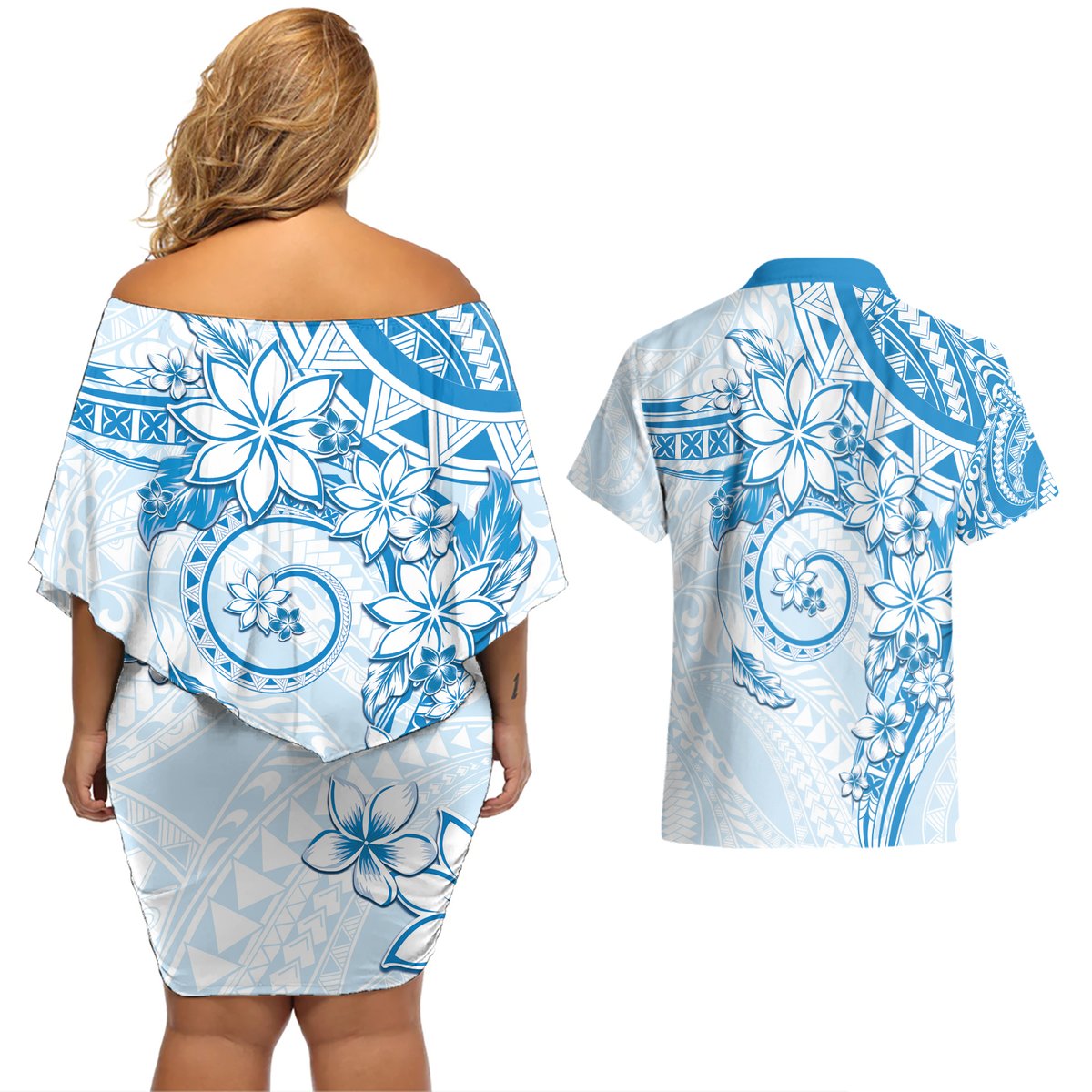 Polynesian Pattern With Plumeria Flowers Couples Matching Off Shoulder Short Dress and Hawaiian Shirt Blue LT05 - Polynesian Pride