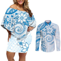 Polynesian Pattern With Plumeria Flowers Couples Matching Off Shoulder Short Dress and Long Sleeve Button Shirt Blue