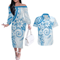 Polynesian Pattern With Plumeria Flowers Couples Matching Off The Shoulder Long Sleeve Dress and Hawaiian Shirt Blue