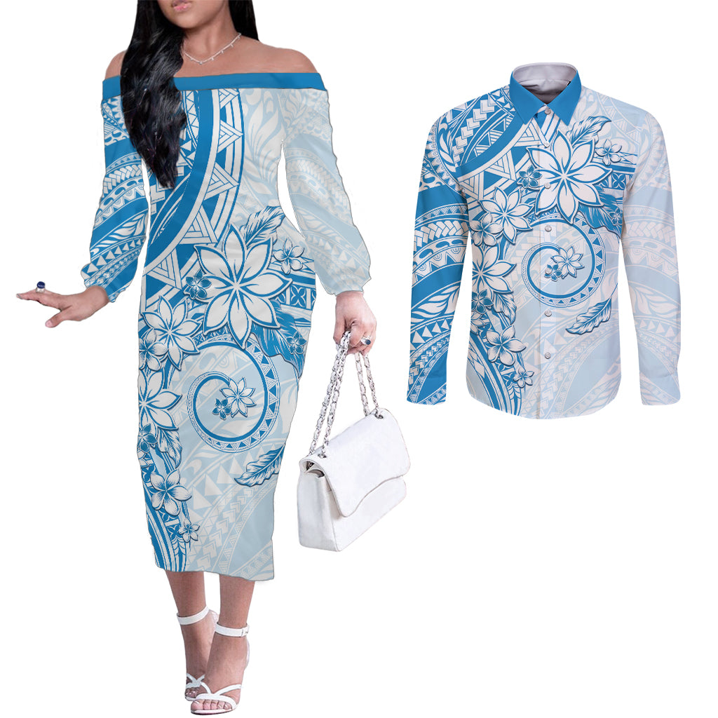 Polynesian Pattern With Plumeria Flowers Couples Matching Off The Shoulder Long Sleeve Dress and Long Sleeve Button Shirt Blue LT05 Blue - Polynesian Pride