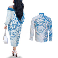 Polynesian Pattern With Plumeria Flowers Couples Matching Off The Shoulder Long Sleeve Dress and Long Sleeve Button Shirt Blue LT05 - Polynesian Pride