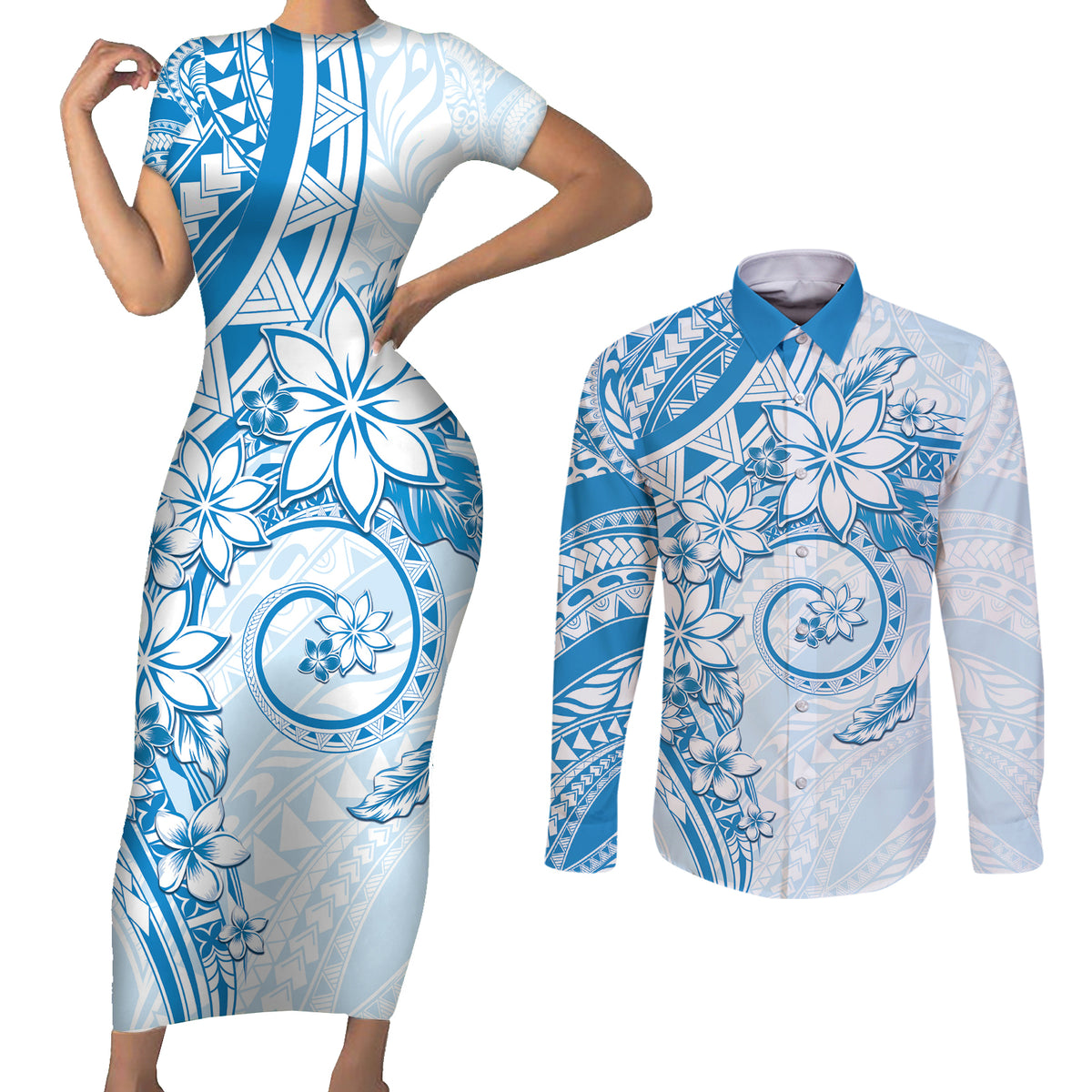 Polynesian Pattern With Plumeria Flowers Couples Matching Short Sleeve Bodycon Dress and Long Sleeve Button Shirt Blue