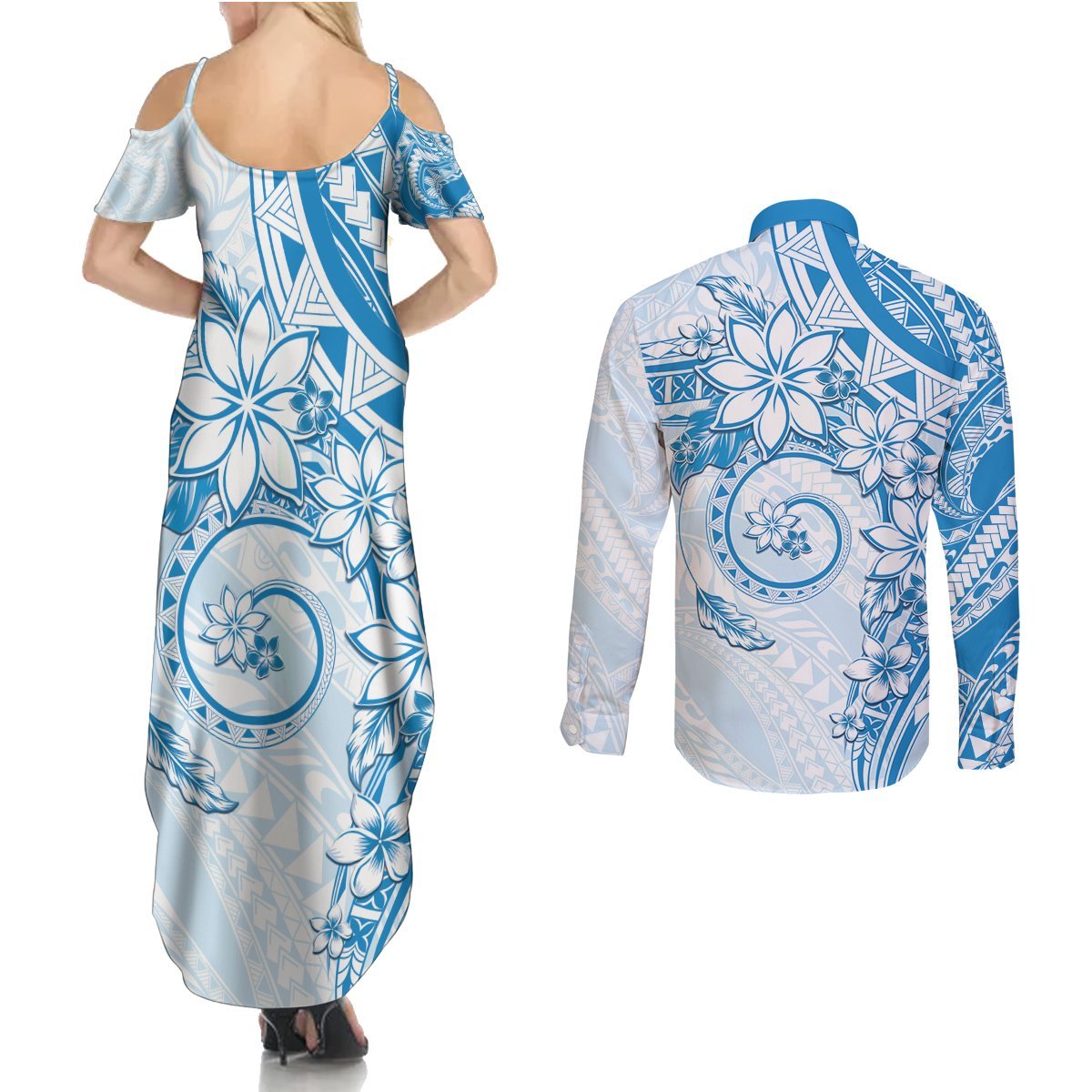 Polynesian Pattern With Plumeria Flowers Couples Matching Summer Maxi Dress and Long Sleeve Button Shirt Blue LT05 - Polynesian Pride