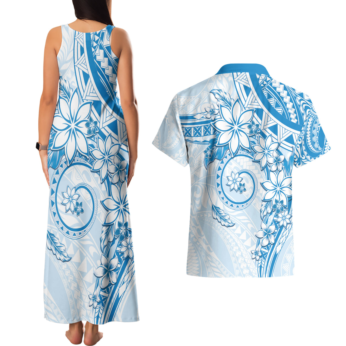 Polynesian Pattern With Plumeria Flowers Couples Matching Tank Maxi Dress and Hawaiian Shirt Blue