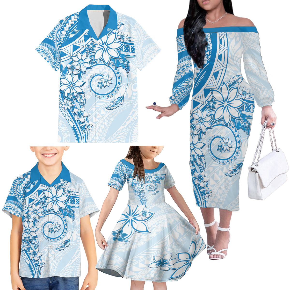 Polynesian Pattern With Plumeria Flowers Family Matching Off The Shoulder Long Sleeve Dress and Hawaiian Shirt Blue LT05 - Polynesian Pride