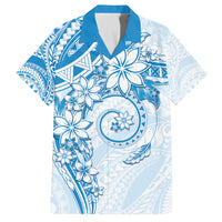 Polynesian Pattern With Plumeria Flowers Family Matching Off Shoulder Maxi Dress and Hawaiian Shirt Blue