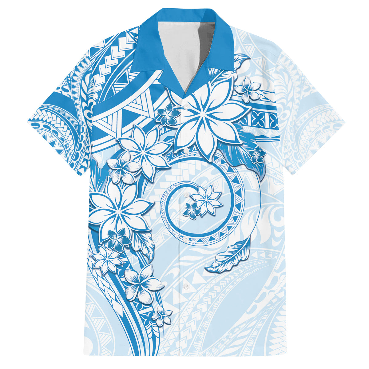 Polynesian Pattern With Plumeria Flowers Family Matching Off Shoulder Short Dress and Hawaiian Shirt Blue
