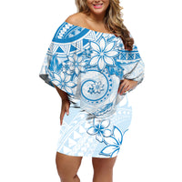 Polynesian Pattern With Plumeria Flowers Family Matching Off Shoulder Short Dress and Hawaiian Shirt Blue