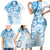 Polynesian Pattern With Plumeria Flowers Family Matching Short Sleeve Bodycon Dress and Hawaiian Shirt Blue