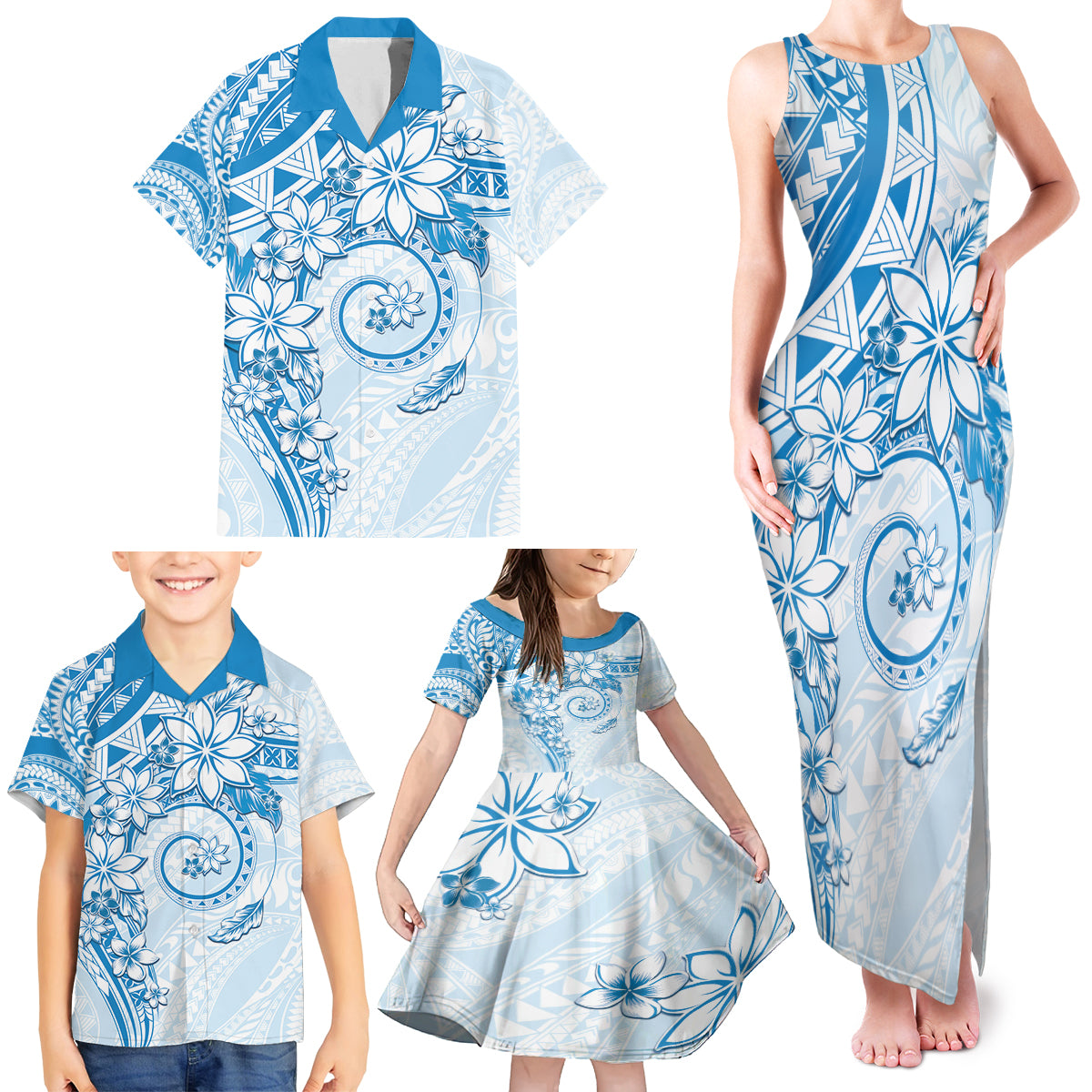 Polynesian Pattern With Plumeria Flowers Family Matching Tank Maxi Dress and Hawaiian Shirt Blue