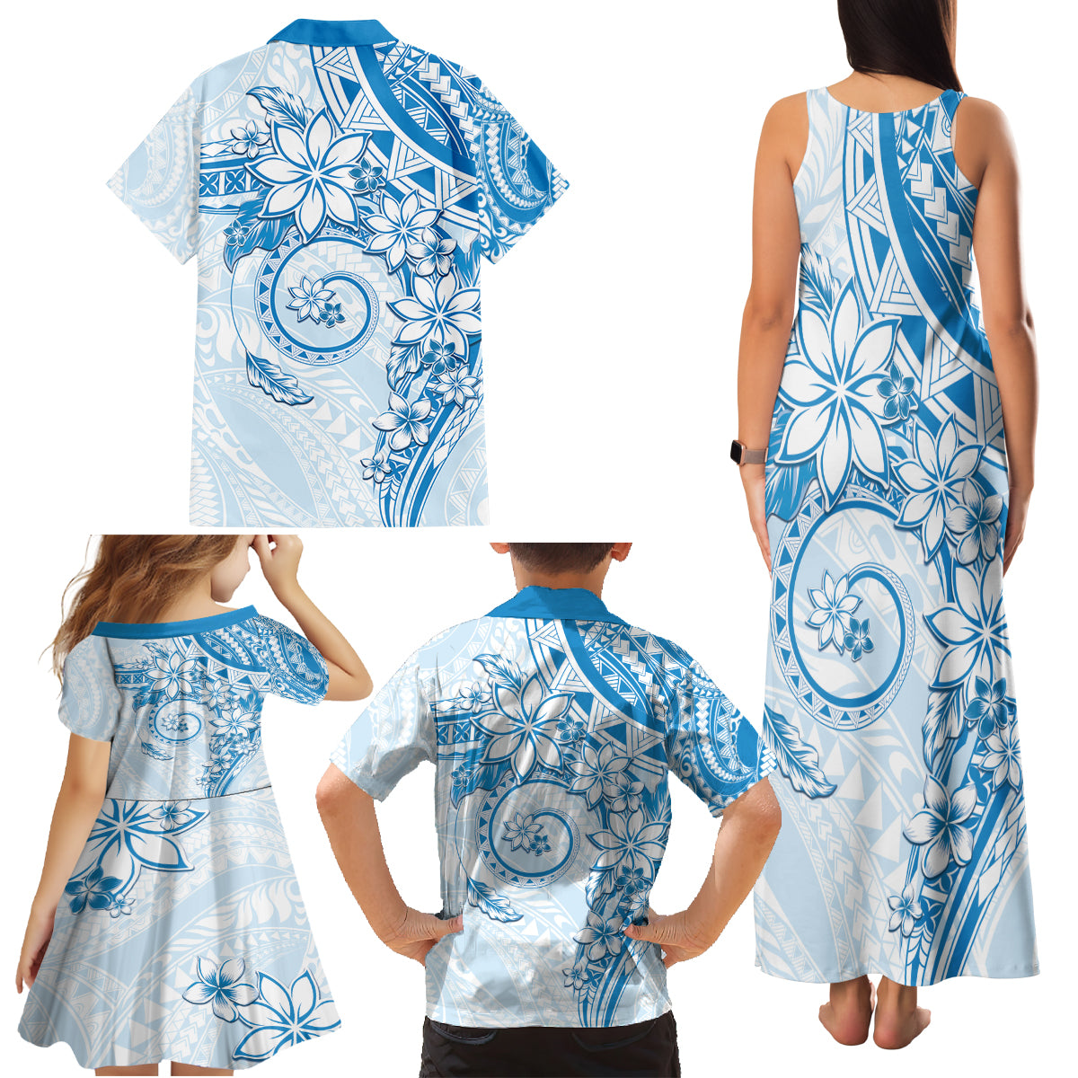 Polynesian Pattern With Plumeria Flowers Family Matching Tank Maxi Dress and Hawaiian Shirt Blue