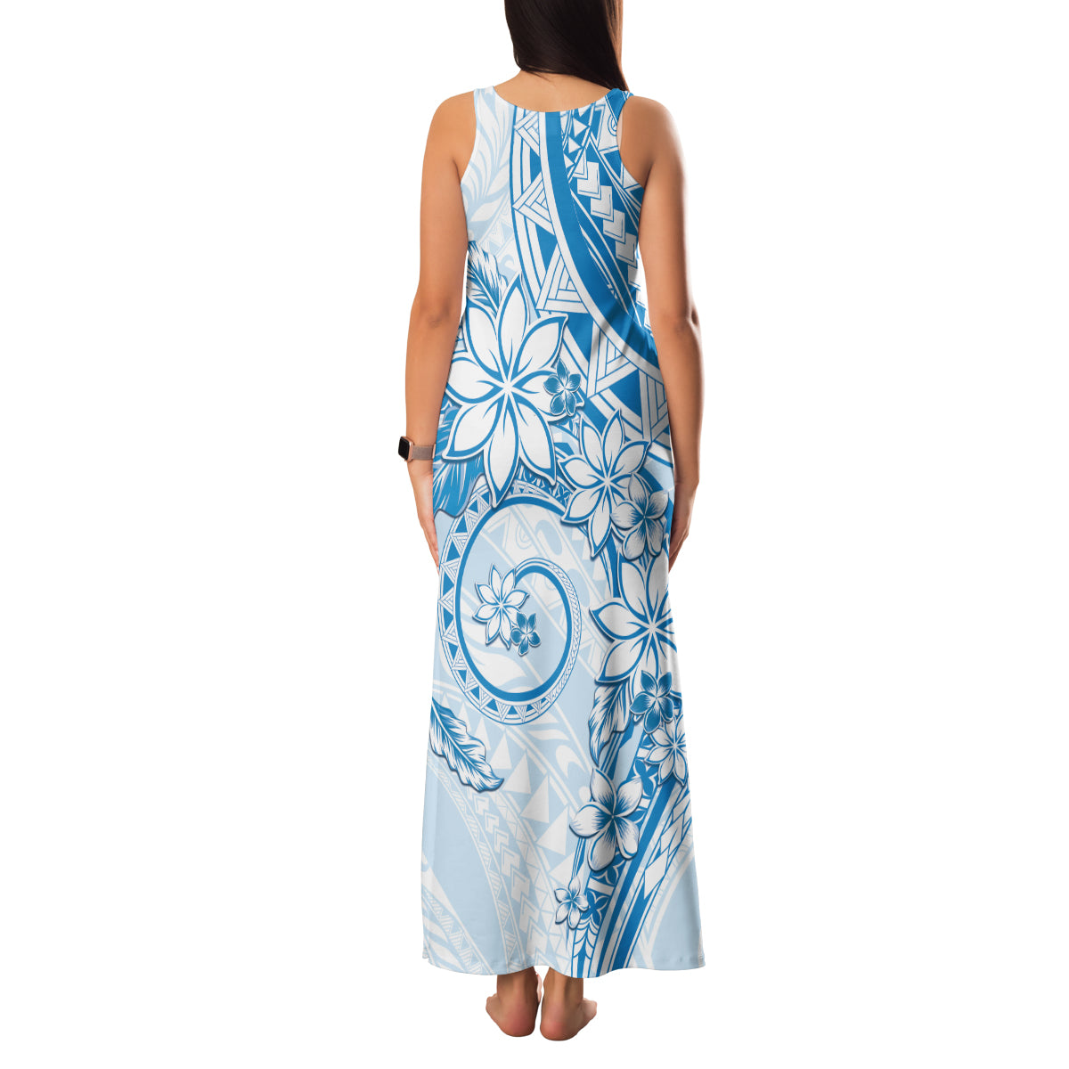 Polynesian Pattern With Plumeria Flowers Family Matching Tank Maxi Dress and Hawaiian Shirt Blue
