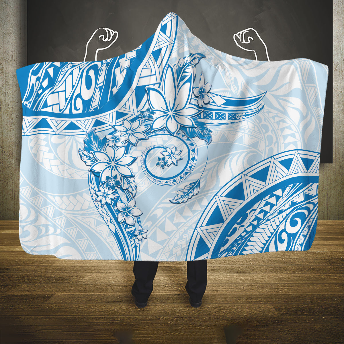 Polynesian Pattern With Plumeria Flowers Hooded Blanket Blue