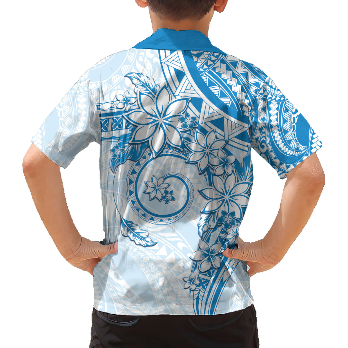 Polynesian Pattern With Plumeria Flowers Kid Hawaiian Shirt Blue LT05 - Polynesian Pride