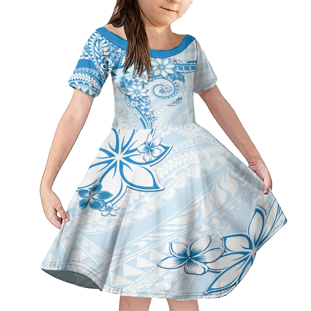 Polynesian Pattern With Plumeria Flowers Kid Short Sleeve Dress Blue