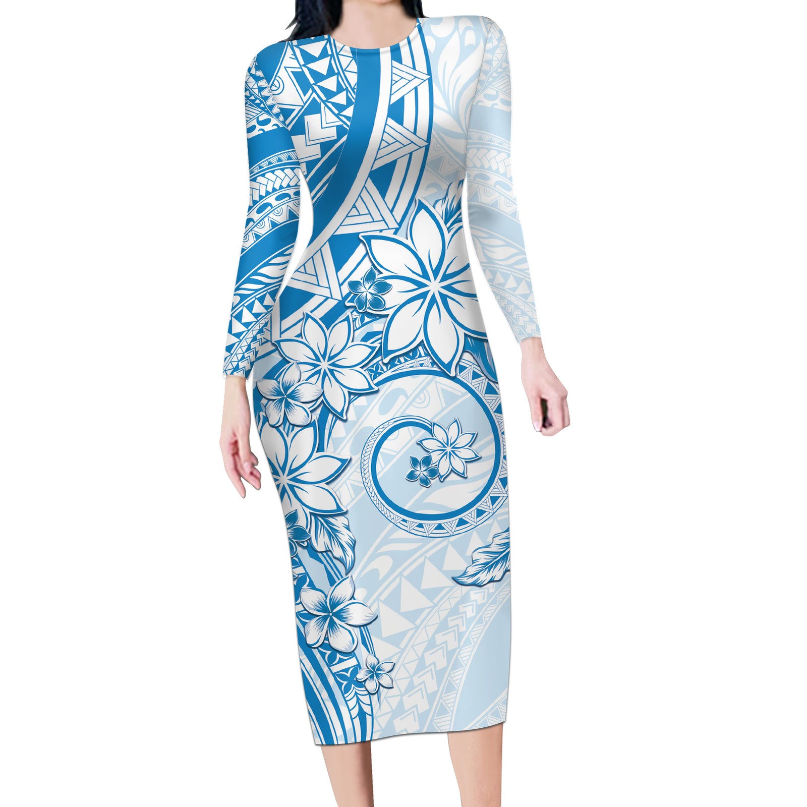 Polynesian Pattern With Plumeria Flowers Long Sleeve Bodycon Dress Blue LT05 Long Dress Blue - Polynesian Pride