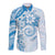 Polynesian Pattern With Plumeria Flowers Long Sleeve Button Shirt Blue