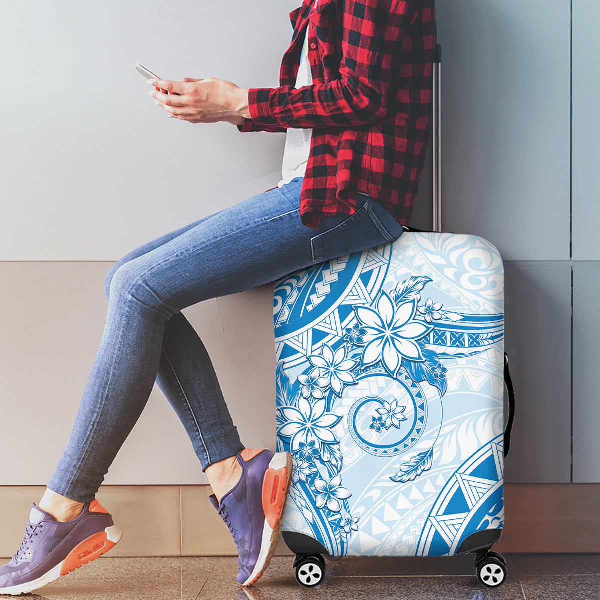 Polynesian Pattern With Plumeria Flowers Luggage Cover Blue LT05 - Polynesian Pride