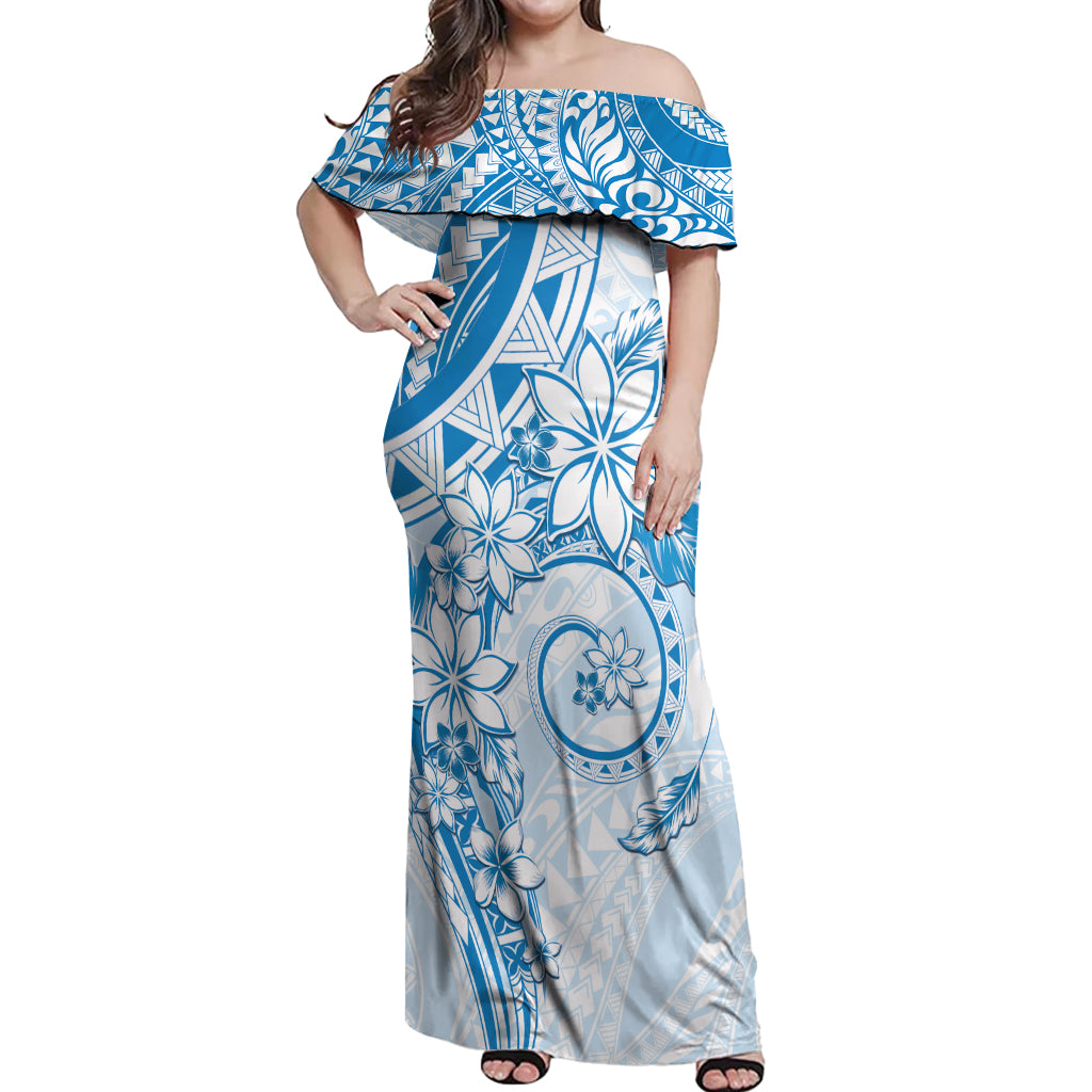 Polynesian Pattern With Plumeria Flowers Off Shoulder Maxi Dress Blue