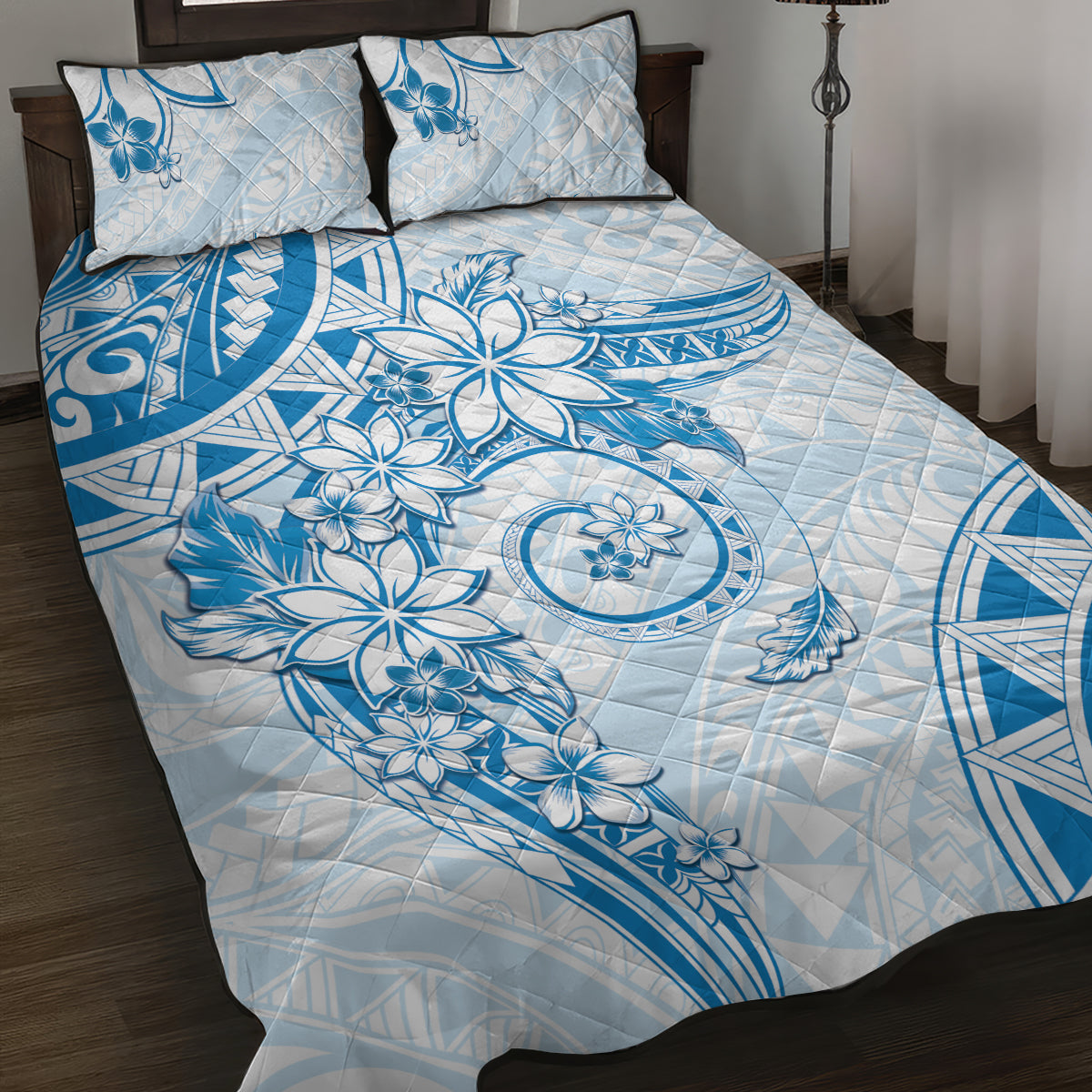 Polynesian Pattern With Plumeria Flowers Quilt Bed Set Blue LT05 Blue - Polynesian Pride