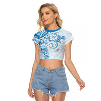 Polynesian Pattern With Plumeria Flowers Raglan Cropped T Shirt Blue