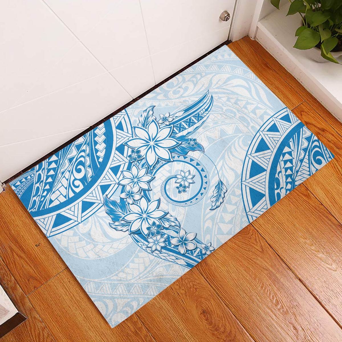 Polynesian Pattern With Plumeria Flowers Rubber Doormat Blue