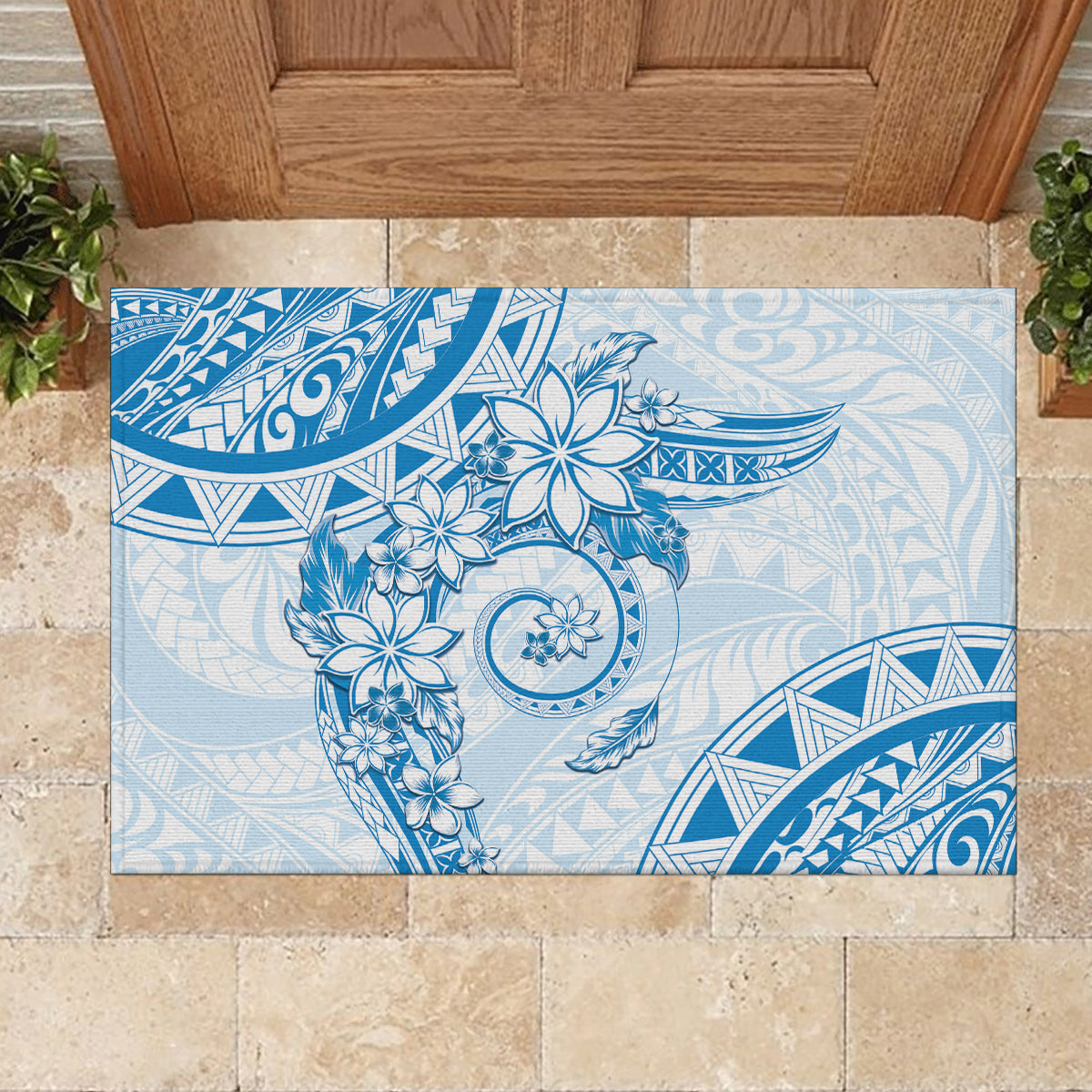 Polynesian Pattern With Plumeria Flowers Rubber Doormat Blue