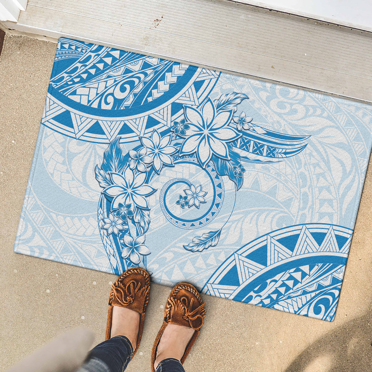 Polynesian Pattern With Plumeria Flowers Rubber Doormat Blue
