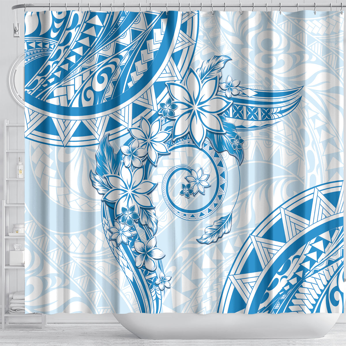 Polynesian Pattern With Plumeria Flowers Shower Curtain Blue