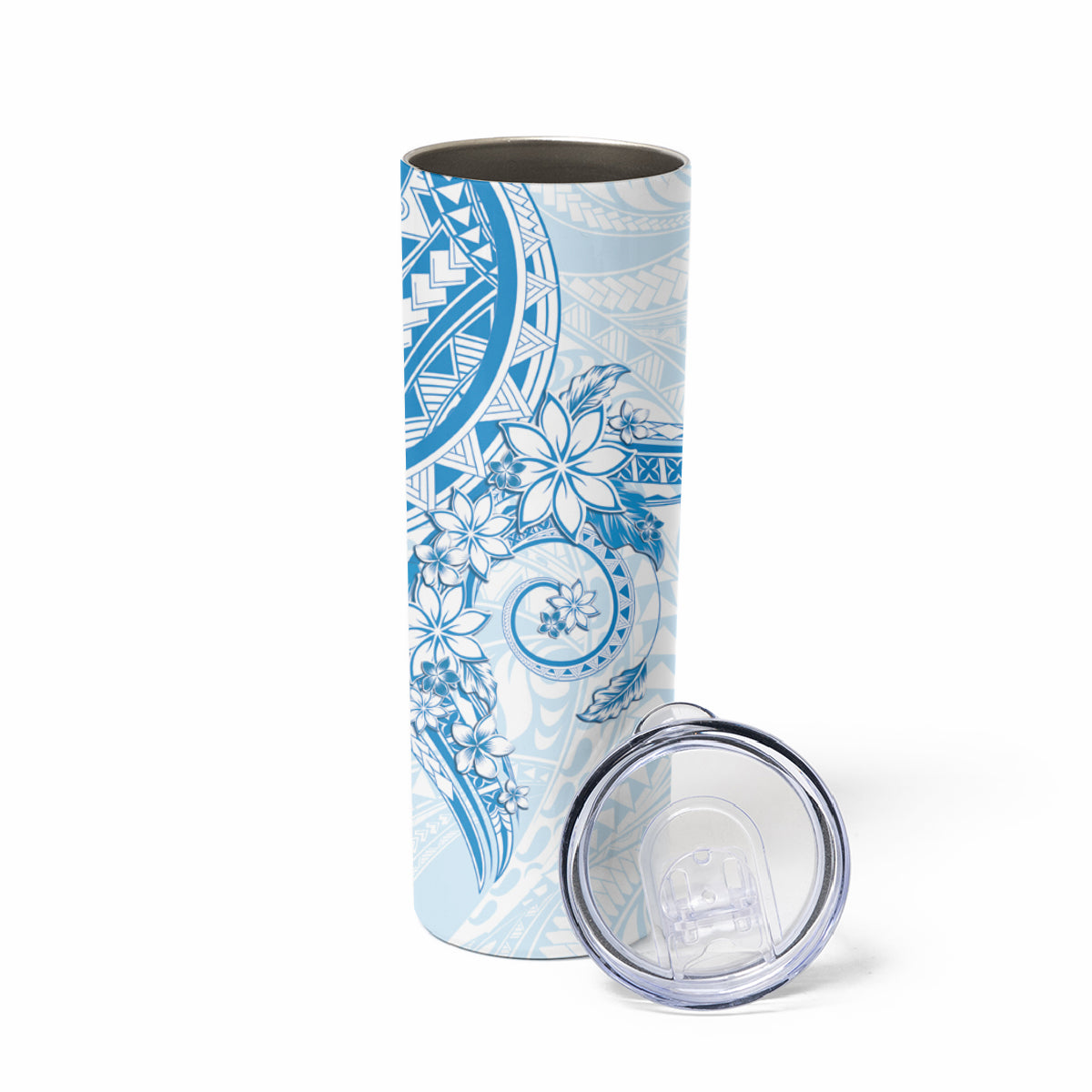 Blue Polynesian Pattern With Plumeria Flowers Skinny Tumbler