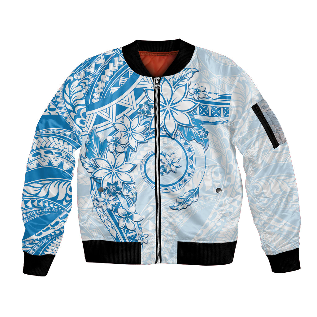 Polynesian Pattern With Plumeria Flowers Sleeve Zip Bomber Jacket Blue