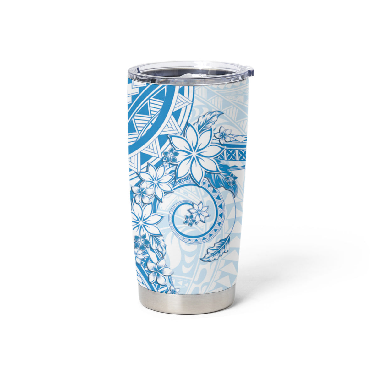 Blue Polynesian Pattern With Plumeria Flowers Tumbler Cup