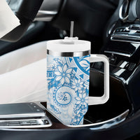 Blue Polynesian Pattern With Plumeria Flowers Tumbler With Handle