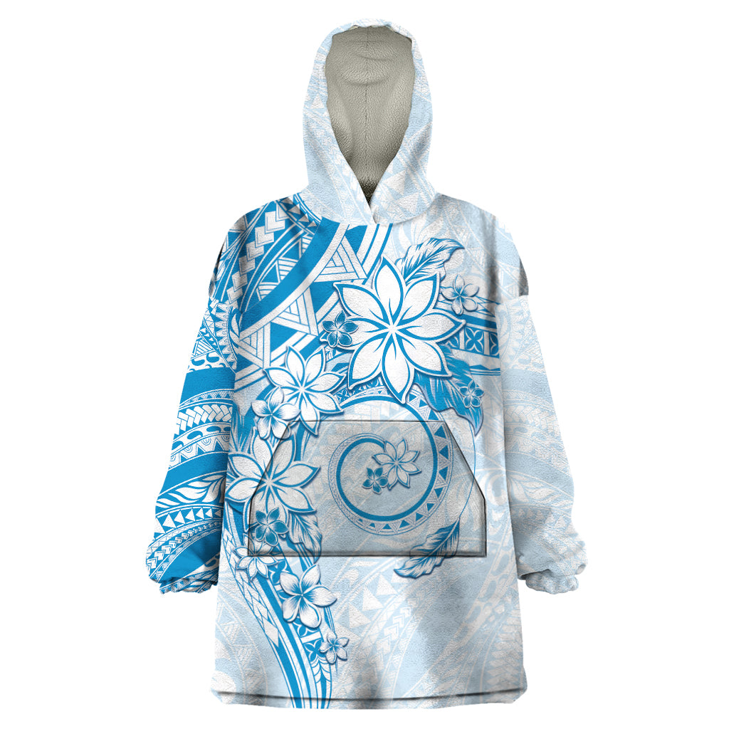 Polynesian Pattern With Plumeria Flowers Wearable Blanket Hoodie Blue LT05 One Size Blue - Polynesian Pride