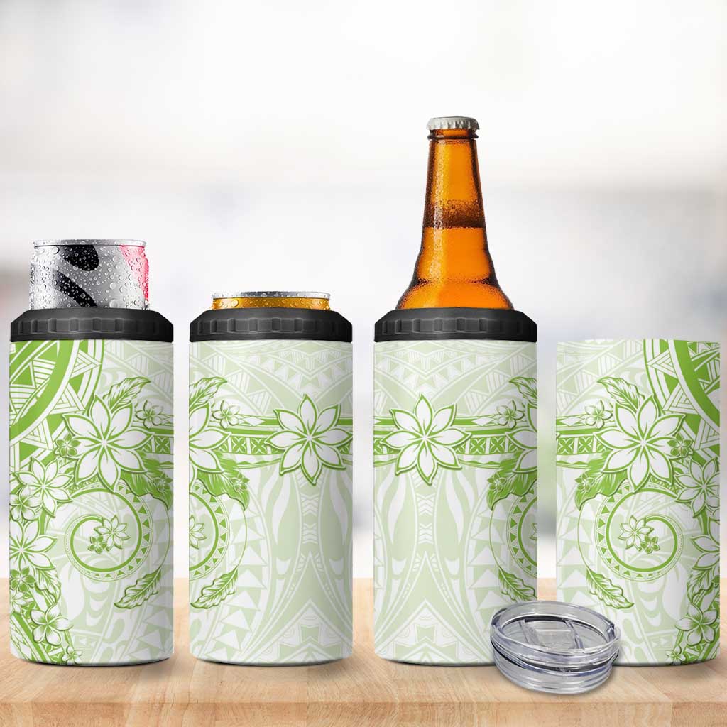 Lime Green Polynesian Pattern With Plumeria Flowers 4 in 1 Can Cooler Tumbler