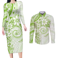 Polynesian Pattern With Plumeria Flowers Couples Matching Long Sleeve Bodycon Dress and Long Sleeve Button Shirt Lime Green