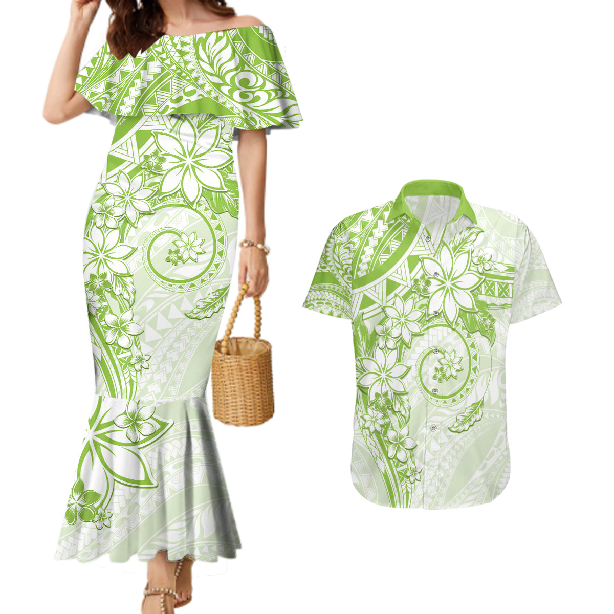 Polynesian Pattern With Plumeria Flowers Couples Matching Mermaid Dress and Hawaiian Shirt Lime Green