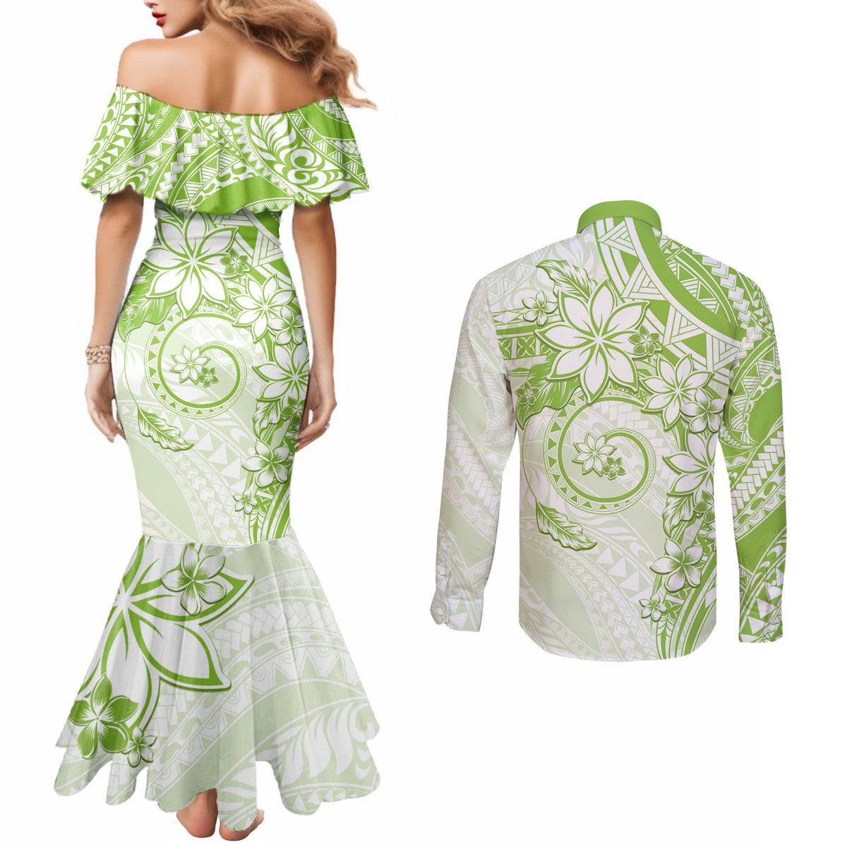 Polynesian Pattern With Plumeria Flowers Couples Matching Mermaid Dress and Long Sleeve Button Shirt Lime Green