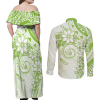 Polynesian Pattern With Plumeria Flowers Couples Matching Off Shoulder Maxi Dress and Long Sleeve Button Shirt Lime Green