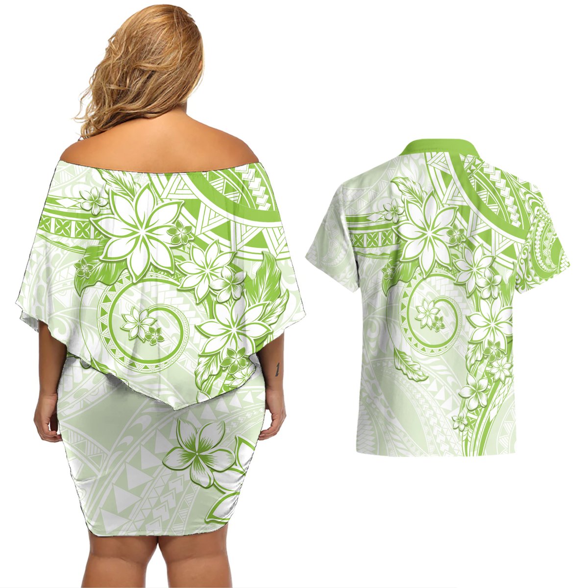 Polynesian Pattern With Plumeria Flowers Couples Matching Off Shoulder Short Dress and Hawaiian Shirt Lime Green