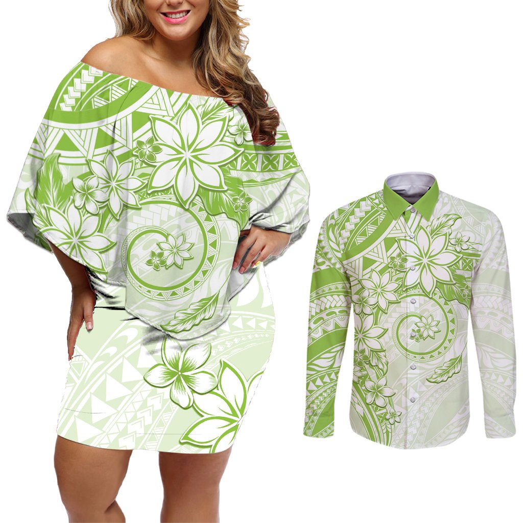 Polynesian Pattern With Plumeria Flowers Couples Matching Off Shoulder Short Dress and Long Sleeve Button Shirt Lime Green