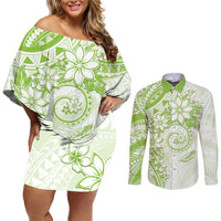 Polynesian Pattern With Plumeria Flowers Couples Matching Off Shoulder Short Dress and Long Sleeve Button Shirt Lime Green